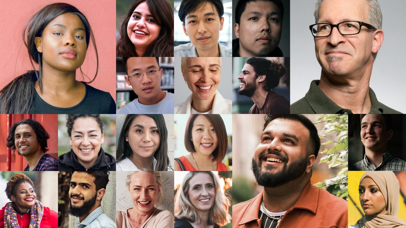 Image of many different people in portrait format and different sizes in one photo.