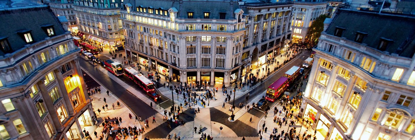 Looking down on the New Oxford Circus crossing at sunset.
